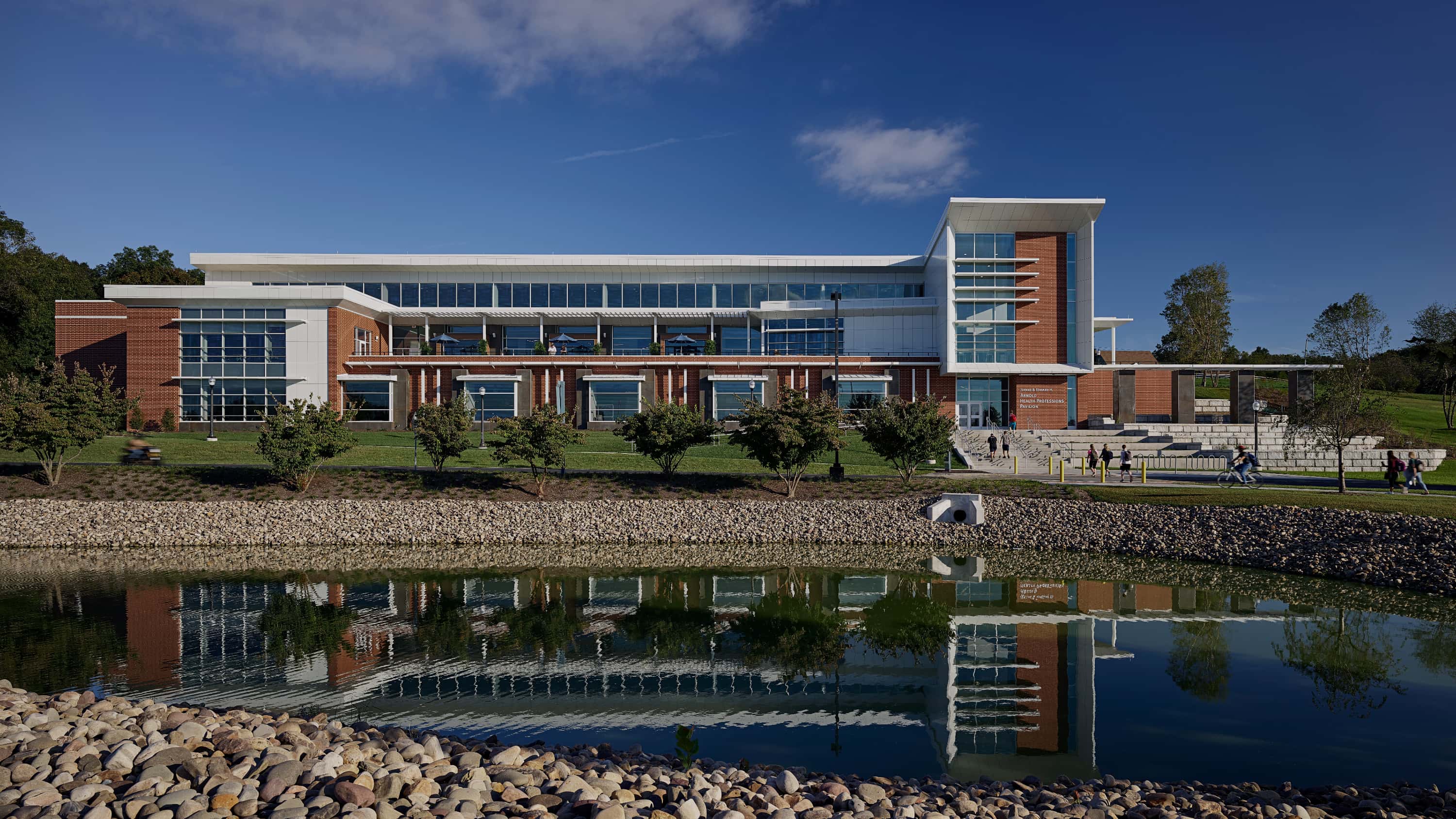 Front of education building with water feature