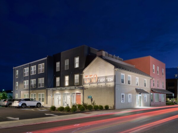 Exterior of Multi-Family 550 Lofts at night