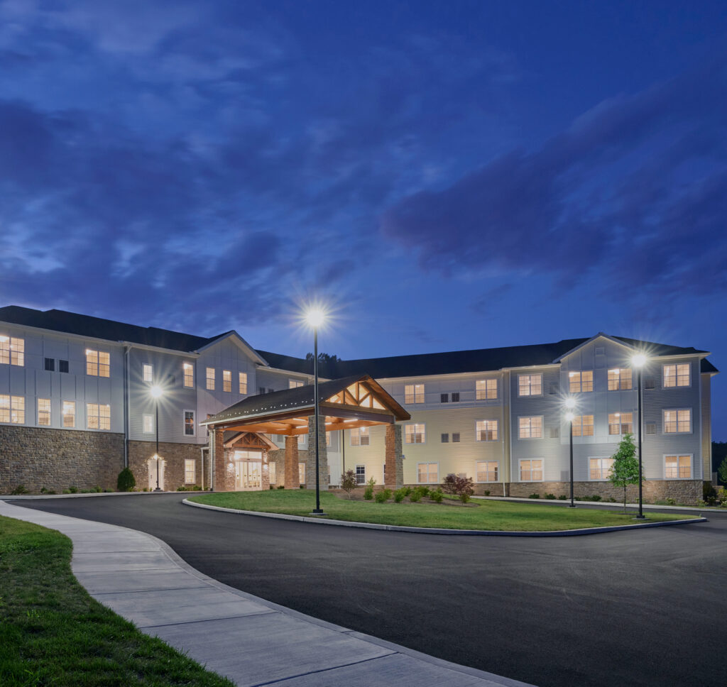 Exterior of a Senior Living facility at night