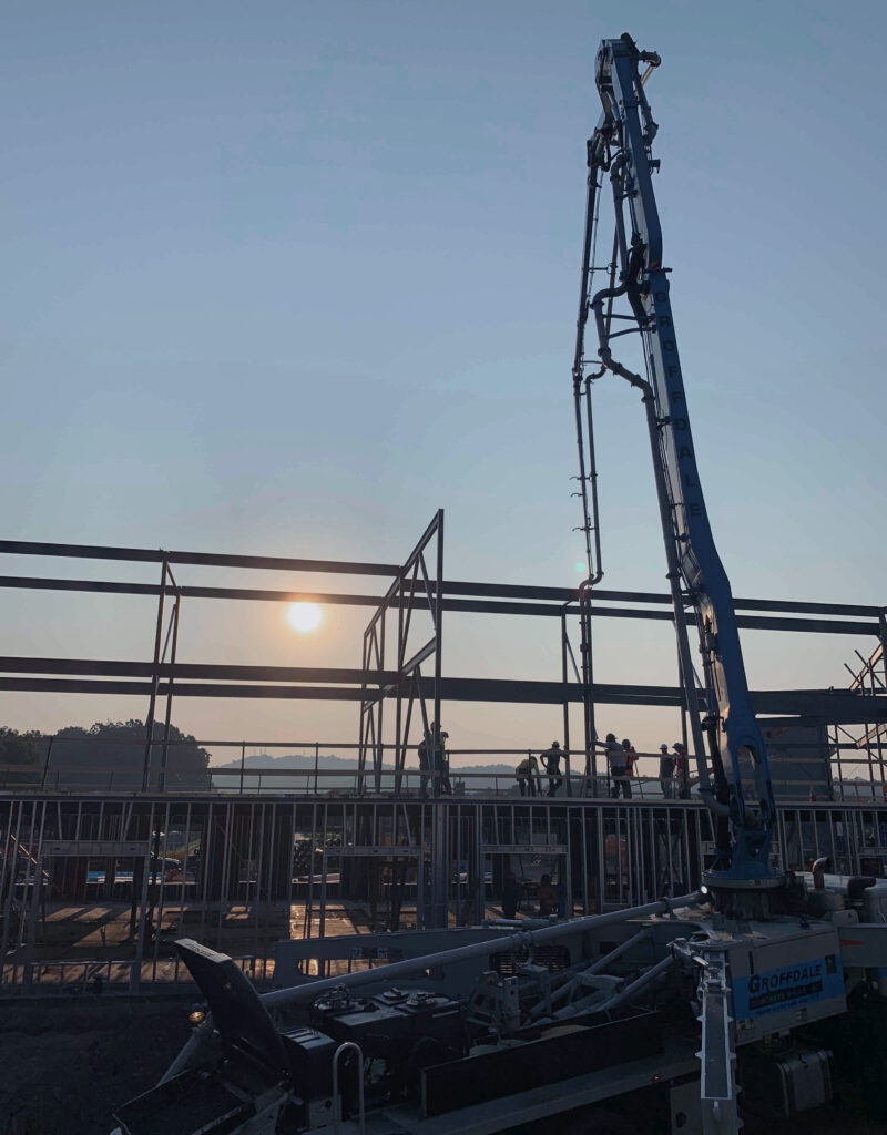 Aerial view of a job site with construction development equipment