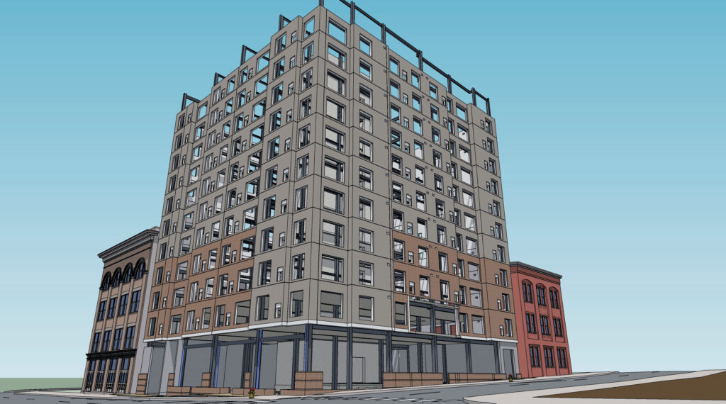 A rendering of a multi-story building